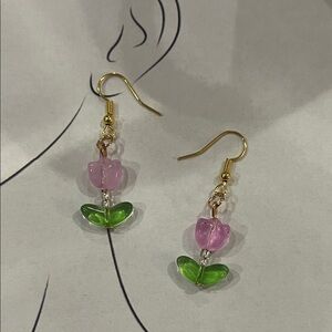 Floral Pink and Green Earrings